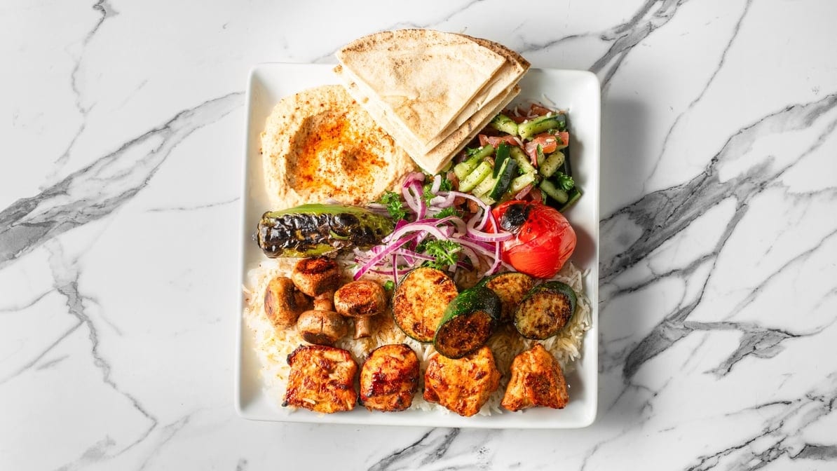 15. Veggie & Chicken Kabob Combo Plate.